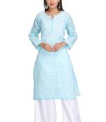 Ada Hand Embroidered Blue Cotton Lucknow Chikan Kurti