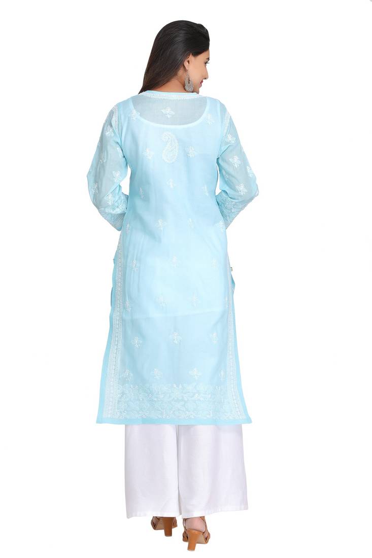 Ada Hand Embroidered Blue Cotton Lucknow Chikan Kurti