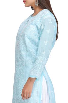Ada Hand Embroidered Blue Cotton Lucknow Chikan Kurti 3