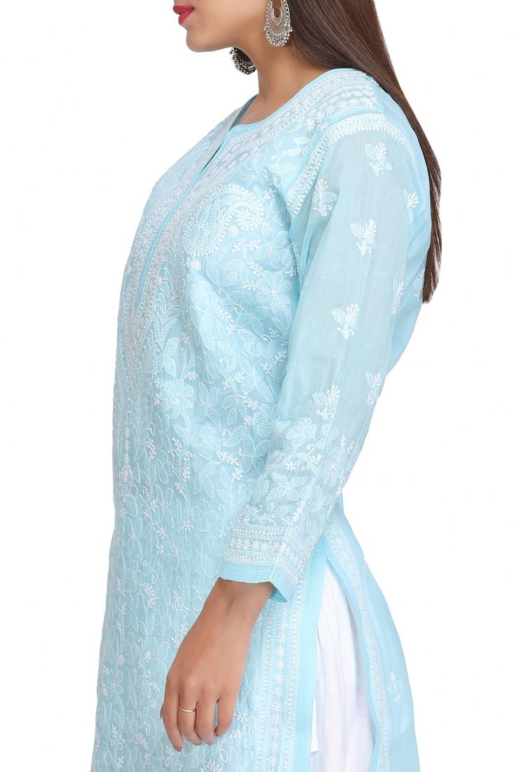 Ada Hand Embroidered Blue Cotton Lucknow Chikan Kurti