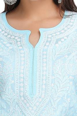 Ada Hand Embroidered Blue Cotton Lucknow Chikan Kurti 4