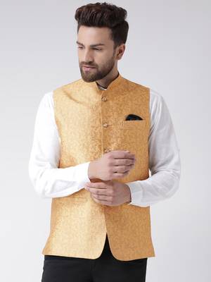 Gold Woven Polyester Nehru Jacket 1