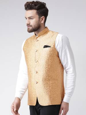 Gold Woven Polyester Nehru Jacket 3