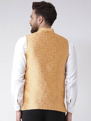Gold Woven Polyester Nehru Jacket 4