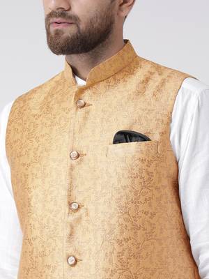 Gold Woven Polyester Nehru Jacket 5