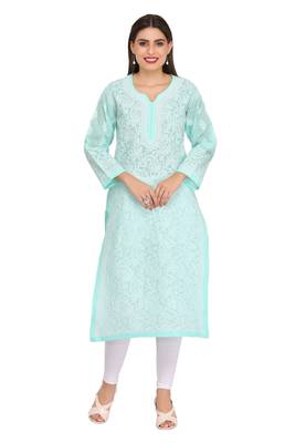 Ada Hand Embroidered Sea Green Cotton Lucknow Chikankari Kurti 2