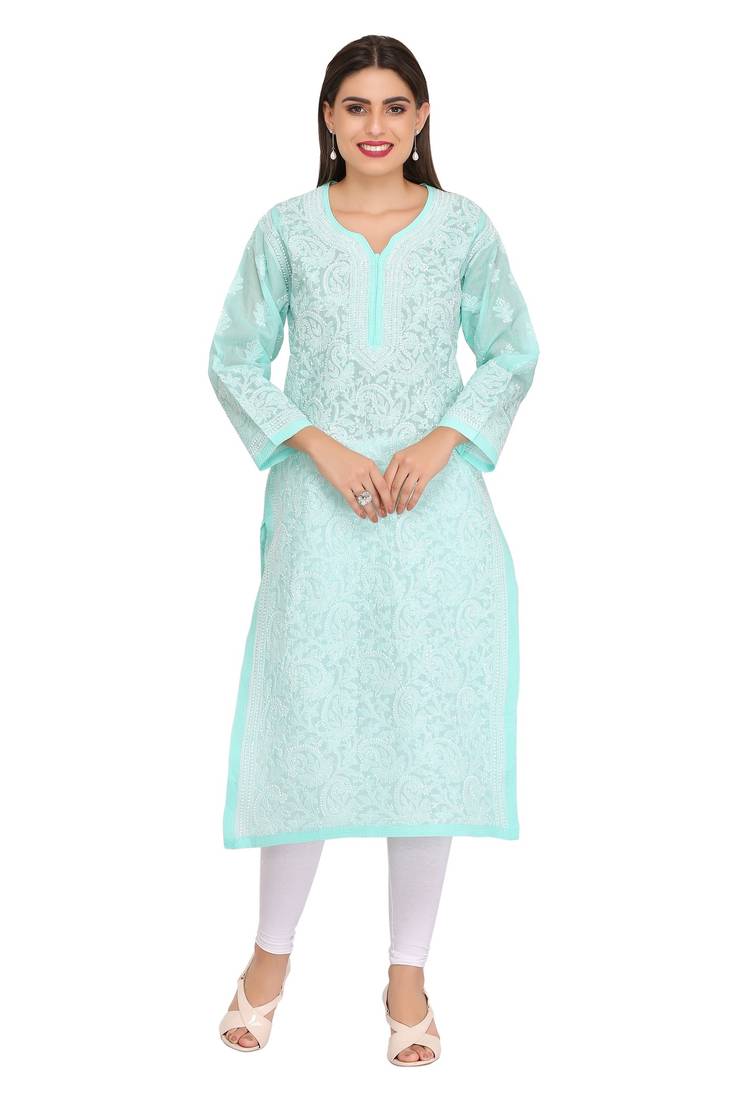 Ada Hand Embroidered Sea Green Cotton Lucknow Chikankari Kurti