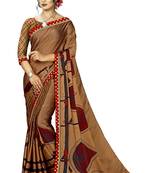 Brown Abstract Print Silk Blend Saree With Blouse