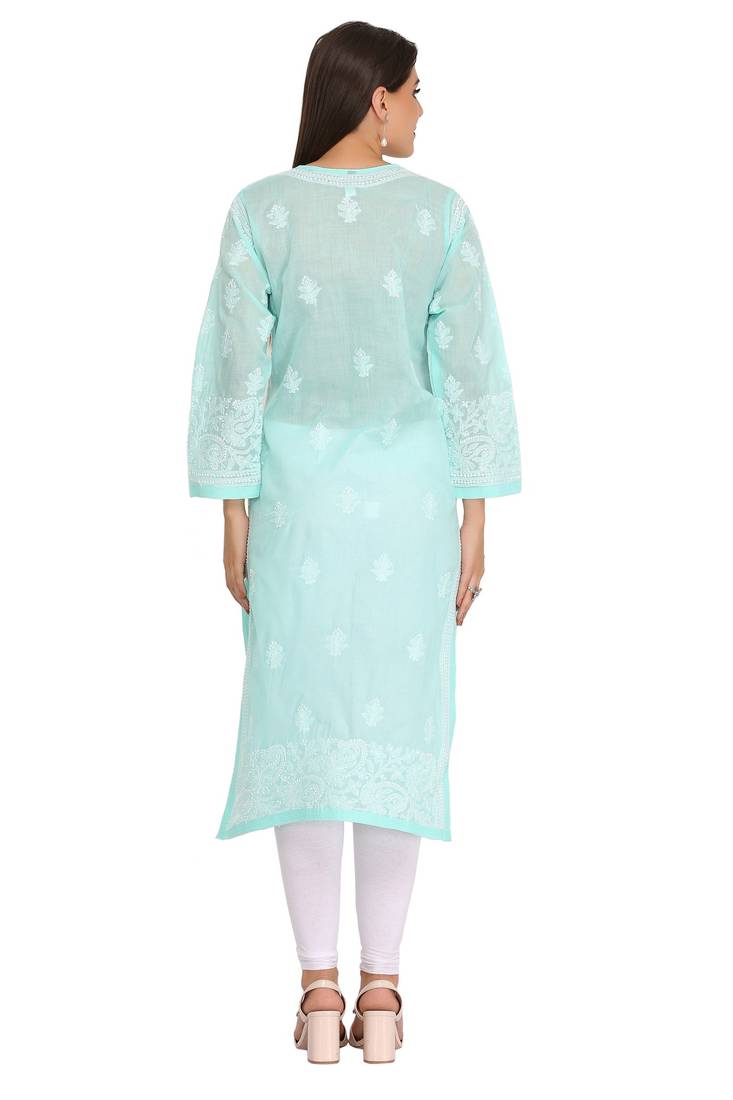 Ada Hand Embroidered Sea Green Cotton Lucknow Chikankari Kurti