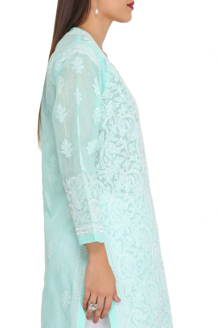 Ada Hand Embroidered Sea Green Cotton Lucknow Chikankari Kurti
