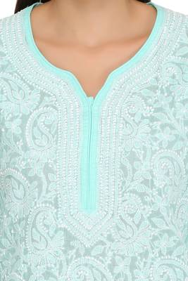 Ada Hand Embroidered Sea Green Cotton Lucknow Chikankari Kurti 5