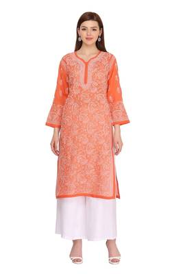 Ada Hand Embroidered Rust Cotton Lucknow Chikankari Kurti 1