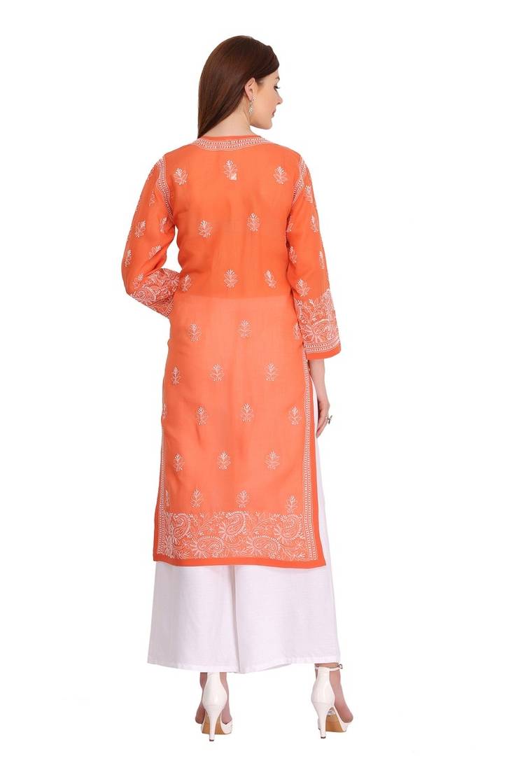 Ada Hand Embroidered Rust Cotton Lucknow Chikankari Kurti