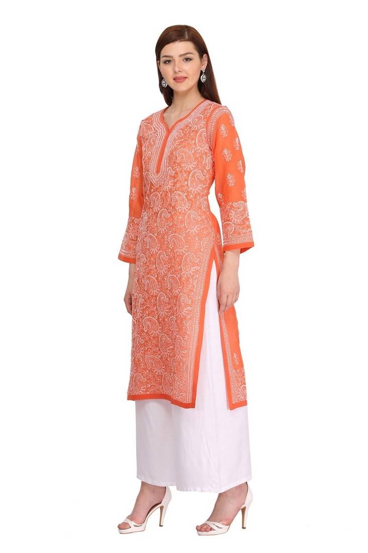 Ada Hand Embroidered Rust Cotton Lucknow Chikankari Kurti