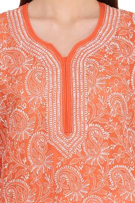 Ada Hand Embroidered Rust Cotton Lucknow Chikankari Kurti 4