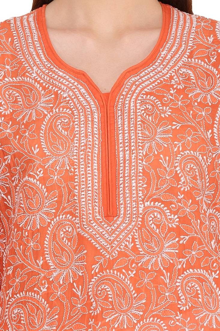 Ada Hand Embroidered Rust Cotton Lucknow Chikankari Kurti