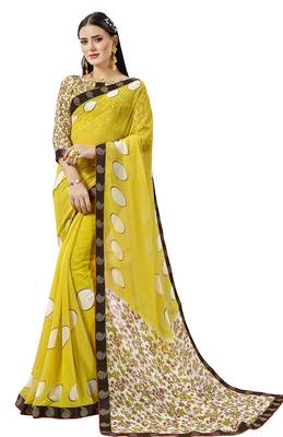 Yellow Abstract Print Georgette Saree With Blouse 1