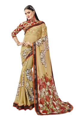 Beige Abstract Print Georgette Saree With Blouse 1