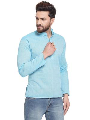 Blue plain cotton men kurta 2