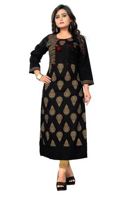 Black block print rayon kurti 1