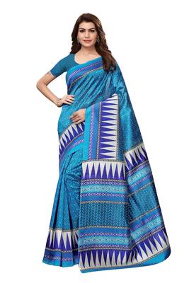 Blue printed art silk saree with blouse 1