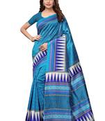 Blue printed art silk saree with blouse