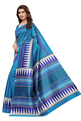 Blue printed art silk saree with blouse 3