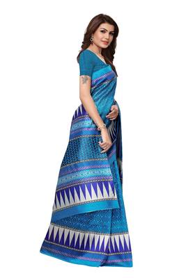 Blue printed art silk saree with blouse 4