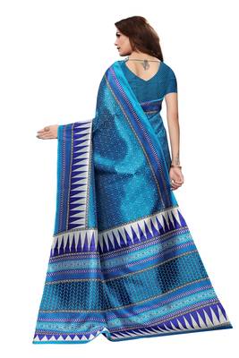 Blue printed art silk saree with blouse 5