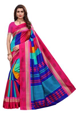 Pink printed art silk saree with blouse 1