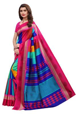 Pink printed art silk saree with blouse 2