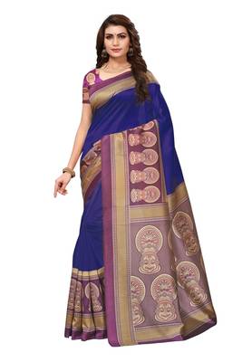 Blue printed art silk saree with blouse 1