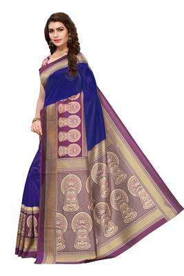Blue printed art silk saree with blouse 2