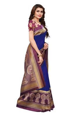 Blue printed art silk saree with blouse 3