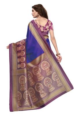 Blue printed art silk saree with blouse 4