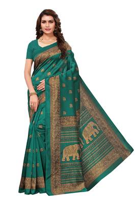 Green printed art silk saree with blouse 1