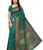 Green printed art silk saree with blouse