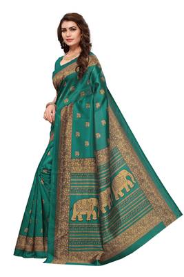 Green printed art silk saree with blouse 2