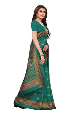 Green printed art silk saree with blouse 3