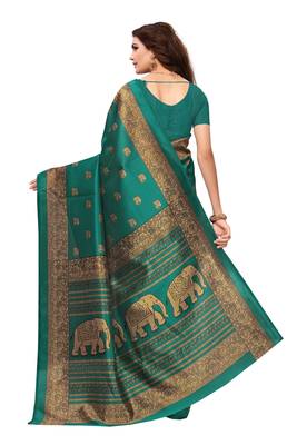Green printed art silk saree with blouse 4