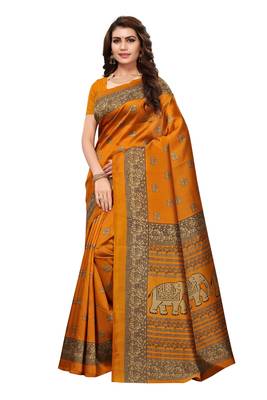 Mustard printed art silk saree with blouse 1
