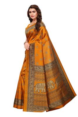 Mustard printed art silk saree with blouse 2