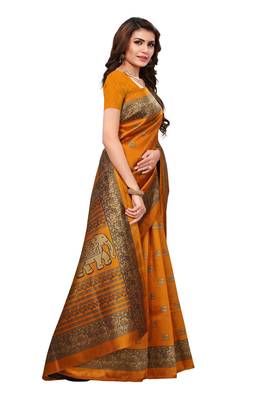 Mustard printed art silk saree with blouse 3