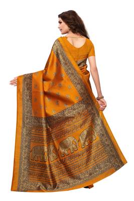 Mustard printed art silk saree with blouse 4