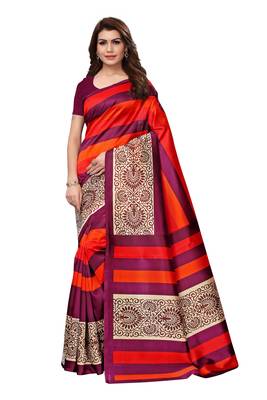 Red printed art silk saree with blouse 1