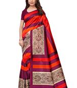 Red printed art silk saree with blouse