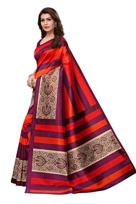 Red printed art silk saree with blouse 2