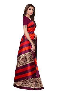 Red printed art silk saree with blouse 3