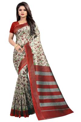 Red printed art silk saree with blouse 1