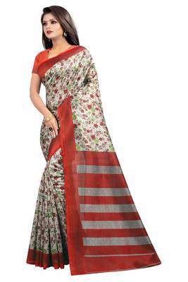 Red printed art silk saree with blouse 3